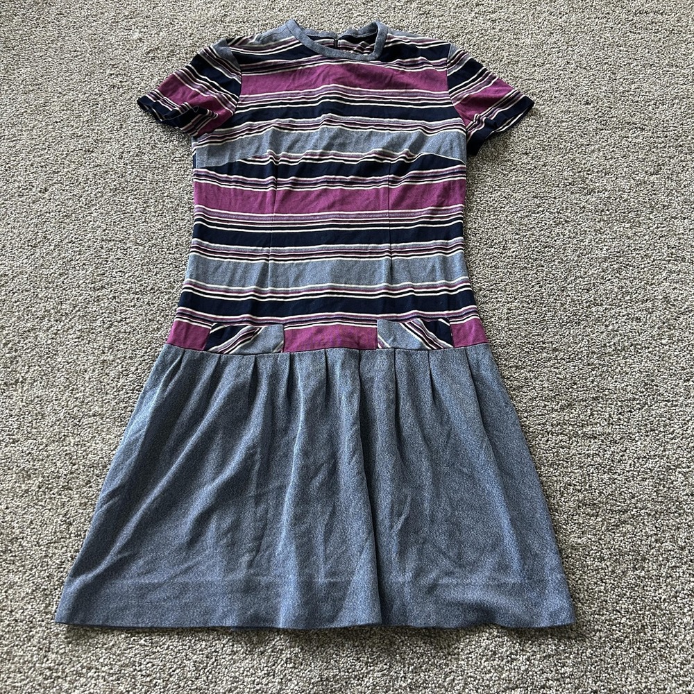 Vintage Dress Womens Small Blue Striped Short Sleeve T-Shirt Pleated Pockets Zip